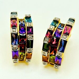 Bellarri 18k Yellow Gold Multi Color Gemstones & Diamond Omega Clip On Earrings